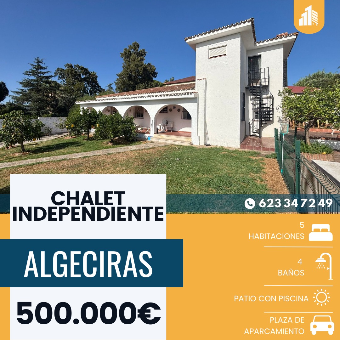 ‼️EN VENTA CHALET INDEPENDIENTE EN LA COLONIA SAN MIGUEL (ALGECIRAS) ‼️ El inmueble consta de 364 m2 toda la construcción y una superficie grafica de 793m2 según catastro distribuido en una planta: Piscina, patio con pozo y baño exterior, 4 dormitorios dobles (el principal con armario empotrado y baño en suite), sala de estar abierta con cocina, 2 baños completos (uno en suite), salón con chimenea y aire acondicionado, zona habilitada para guardar el vehículo. En la primera planta tiene un apartamento con entrada independiente que consta de un dormitorio, baño completo y salón abierto con cocina........