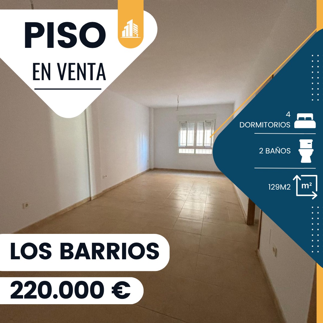 ‼️PISO EN VENTA EN LOS BARRIOS‼️ 4 dormitorios dobles (2 con armarios empotrados), 2 cuartos de baño completo, cocina con acceso al patio, salón, terraza, ascensor …..