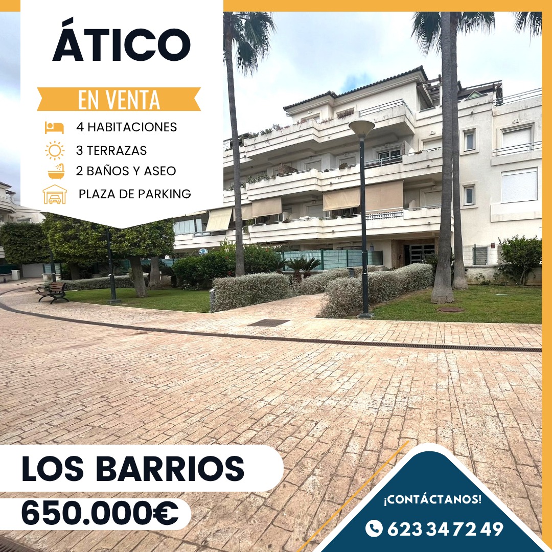 ‼️ÁTICO EN VENTA EN LOS TINAJONES (LOS BARRIOS)‼️ 4 dormitorios ( todos los dormitorios con armarios empotrados y el principal consta de baño en suite equipado de bañera y plato de ducha y acceso a las terrazas),hall grande, aseo, dos baños completos,3 terrazas(una de ellas con chimenea),cocina amplia con lavadero, salón comedor con acceso a las terrazas, plaza de garaje ,trastero, aire centralizado, ventanas climalic, ascensor, parque infantil, piscina, zonas ajardinadas.....