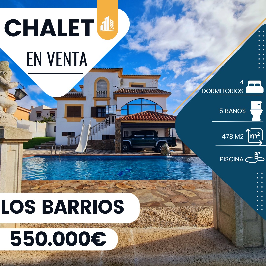 ‼️EN VENTA CASA INDEPENDIENTE CON PISCINA EN LA MEJOR ZONA DE SANTA ROSA ( LOS BARRIOS)‼️ 4 dormitorios,2 cocinas totalmente equipada, cuarto de baño con jacuzzi y columna de hidromasaje, sala de musculación, vestidor, comedor independiente, salón con chimenea con regulación en temperatura y aire acondicionado, 3 baños completo, piscina con dos cascadas, superficie de césped, amplia entrada con puerta automática, baños de hombre y mujer en la piscina. habitación en el exterior de la vivienda donde cocinar, parking techado para guardar un vehículo, habitación para guardar enseres...... ¡¡Es una vivienda única! 