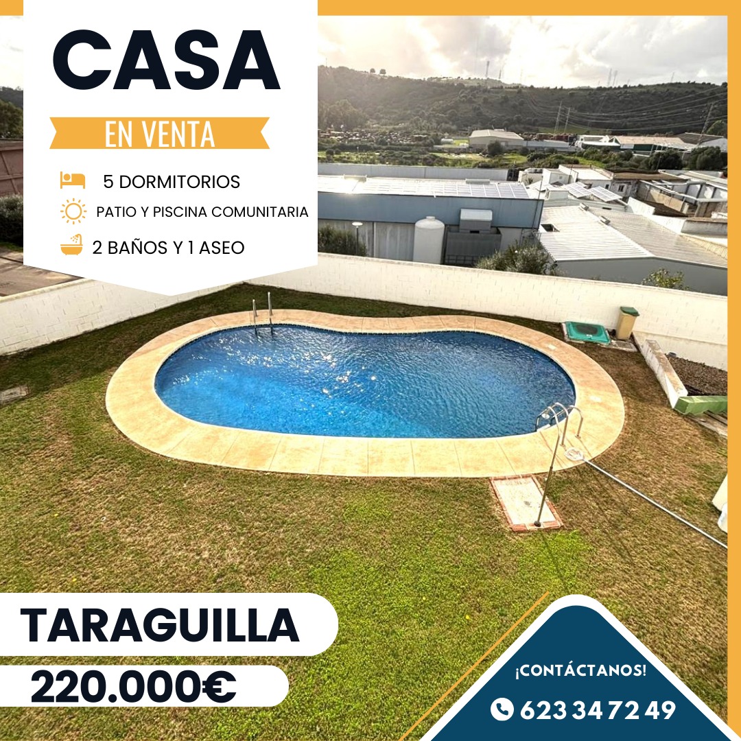 ‼️EN VENTA CASA ADOSADA EN TARAGUILLA‼️ 5 dormitorio, porche delantero habilitado para aparcamiento, cocina, salón con chimenea,aseo , 2 baños completos uno en suite, estancia para habilitada para el deporte, piscina comunitaria, AMUEBLADA (MENOS TV SALÓN Y EL VESTIDOR)……. 