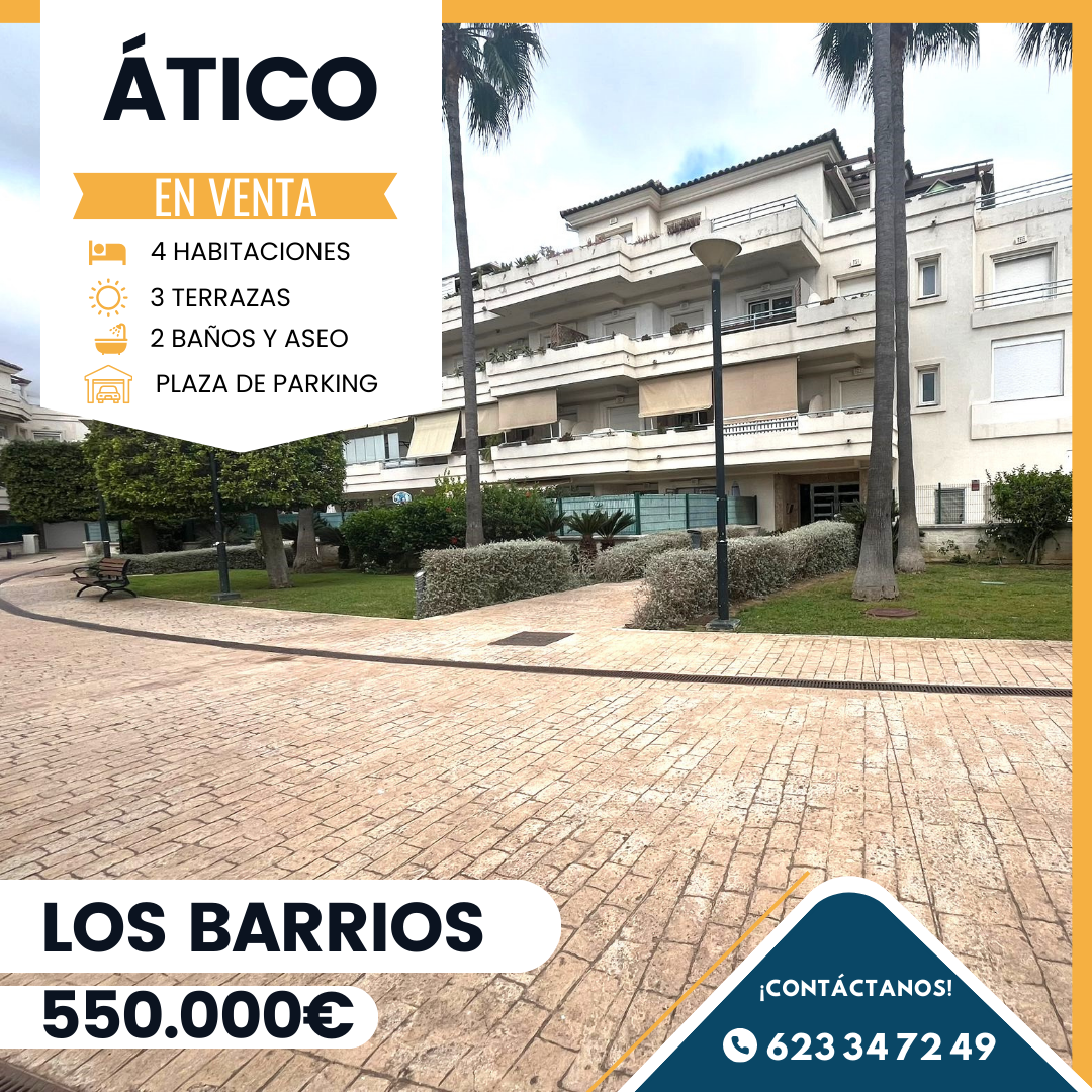 ‼️ÁTICO EN VENTA EN LOS TINAJONES (LOS BARRIOS)‼️ 4 dormitorios ( todos los dormitorios con armarios empotrados y el principal consta de baño en suite equipado de bañera y plato de ducha y acceso a las terrazas),hall grande, aseo, dos baños completos,3 terrazas(una de ellas con chimenea),cocina amplia con lavadero, salón comedor con acceso a las terrazas, plaza de garaje ,trastero, aire centralizado, ventanas climalic, ascensor, parque infantil, piscina, zonas ajardinadas.....  