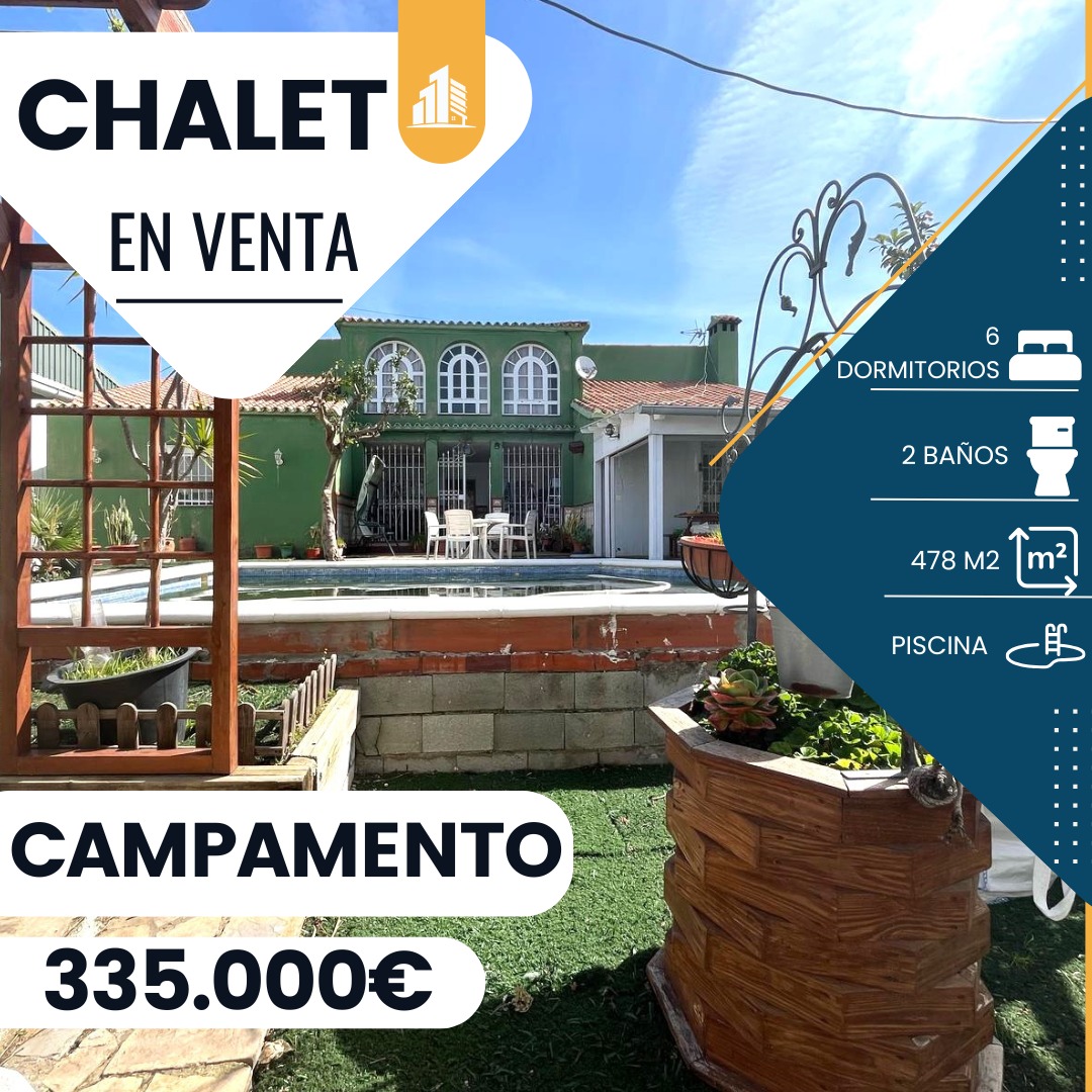 ‼️EN VENTA CHALET INDEPENDIENTE EN CAMPAMENTO ‼️ 6 dormitorios, piscina, zona de barbacoa con cocina, porche delantero techado de obra y rejas, 2 salones,2 baños completos con jacuzzi, cocina grande equipada con acceso a otra cocina y trastero con puerta al patio exterior, garaje grande......
