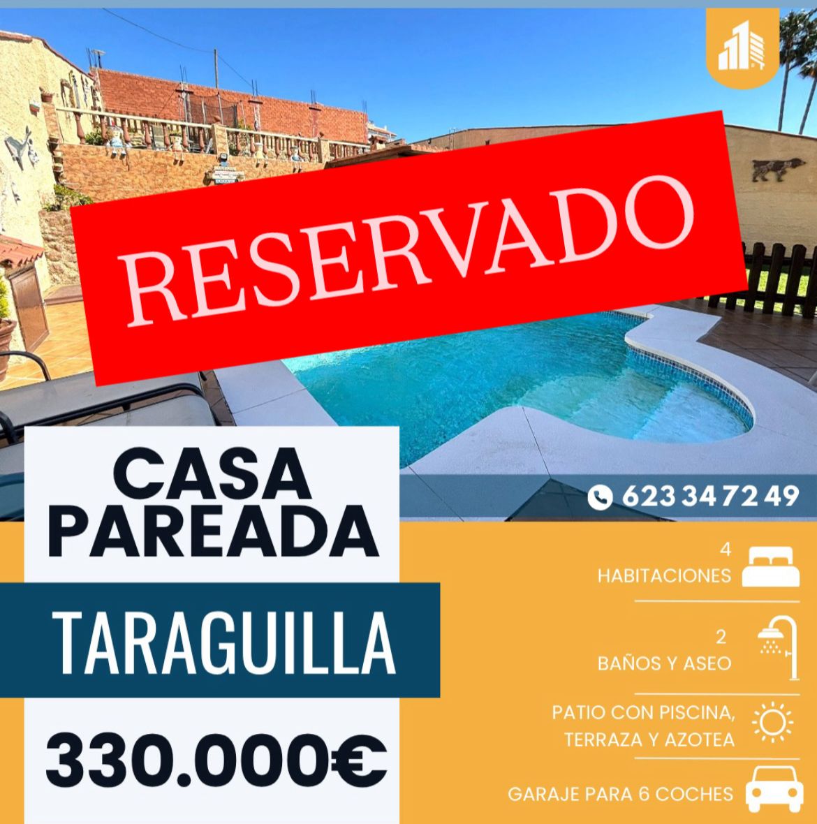 ‼️CASA PAREADA EN TARAGUILLA (SAN ROQUE)‼️ 4 dormitorios dobles (todos con armarios empotrados,ventanas aluminio blanco con mosquiteras y persianas mallorquinas), Aire acondicionado en dos habitaciones , baño en suite en el dormitorio principal,2 cuartos de baños completos, porche delantero, jardín, hall, garaje de 100m2 con puerta automática, capacidad para 6 coches ,aseo ,habitación, zona de jardín con piscina, barbacoa y dos subestructuras más con zona de juegos y trastero, con una superficie total de 400 metros,cocina/ comedor amueblada ,despensa,salón con acceso a la terraza,habitación de lavandería, azotea... 