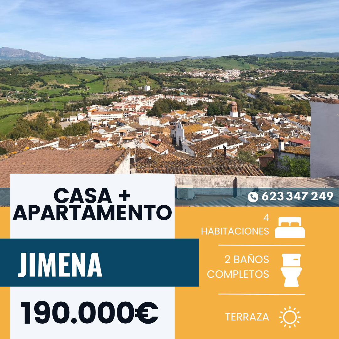 ‼️EN VENTA CASA ADOSADA + APARTAMENTO LOFT EN JIMENA‼️ 4 dormitorios,salón con chimenea, terraza, salita de estar, cocina equipada, baño completo, despensa, amplio armario empotrado, apartamento tipo loft(salón comedor abierto con cocina,baño completo con plato de ducha, gran patio) .........