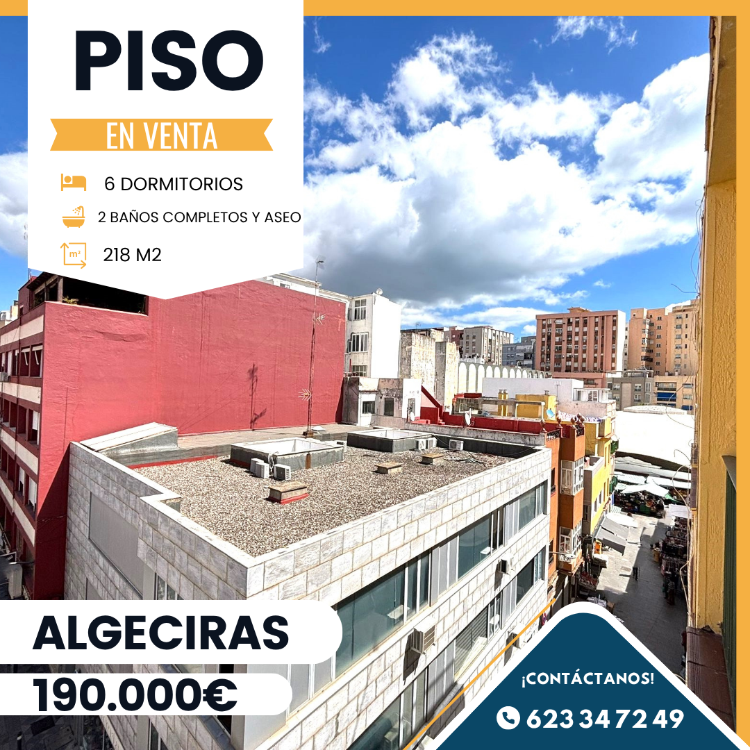 ‼️PISO EN VENTA EN ALGECIRAS‼️ 6 habitaciones (la principal con vestidor, terraza y armario empotrado, otro de ellos está convertido en cuarto de lavandería),cocina amueblada con balcón,2 cuartos de baño completo,aseo,salón / comedor amplio y luminoso con acceso al balcón,despensa,4º con ascensor,aire acondicionado en toda la vivienda,ventanas climalit oscilobatientes.......