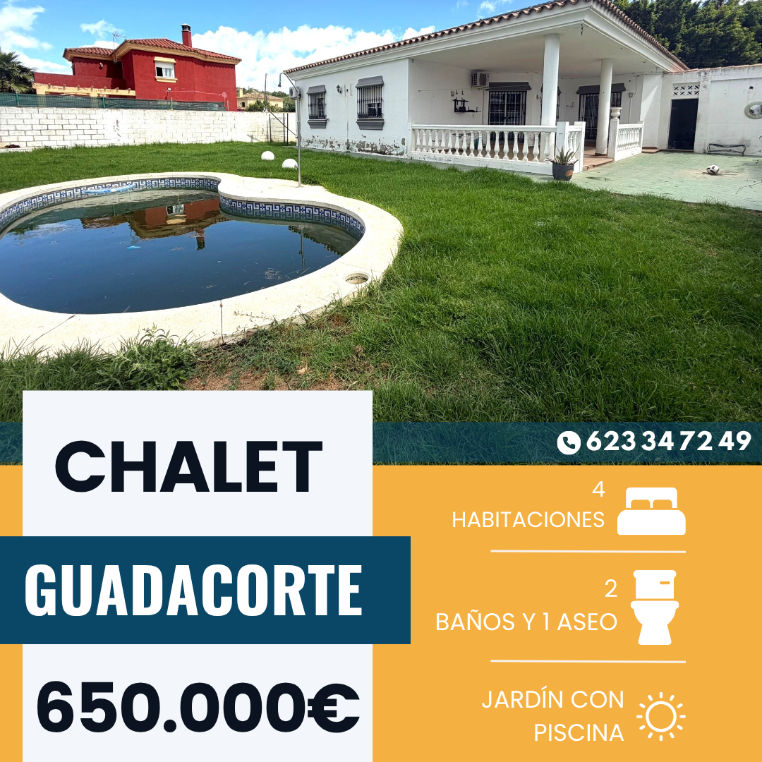 ‼️EN VENTA CHALET INDEPENDIENTE EN GUADACORTE‼️ Hall con amplio armario empotrado,4 dormitorios(tres de ellos con armarios empotrados y el principal con amplio vestidor y baños en suite con jacuzzi),baño completo con plato de ducha,aseo,salón comedor con chimenea y salida al exterior,cocina con gran alacena y salida al exterior,gran terraza cubierta,garaje privado,jardín con piscina,INSTALACIÓN DE AIRE ACONDICIONADO,MUY LUMINOSO.........