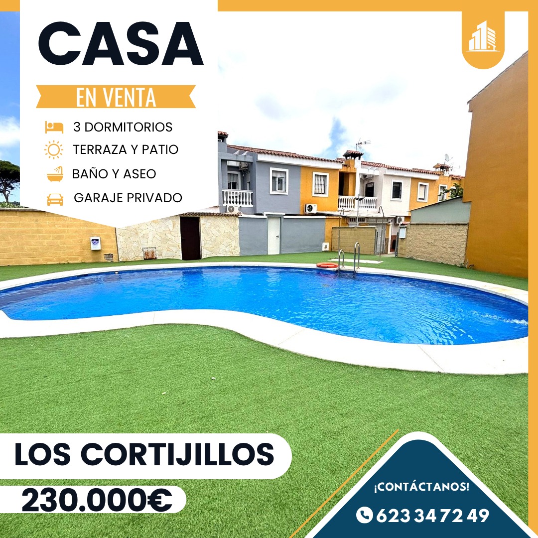‼️CASA ADOSADA EN LOS CORTIJILLOS (LOS BARRIOS)‼️ 3 dormitorios (el principal con aire acondicionado y terraza ),garaje en parte delantera,cocina amueblada y equipada con despensa,aseo,salón con chimenea y aire acondicionado,patio,baño completo con bañera,PISCINA COMUNITARIA,PATIO COMUNITARIO DE 300 METROS.........