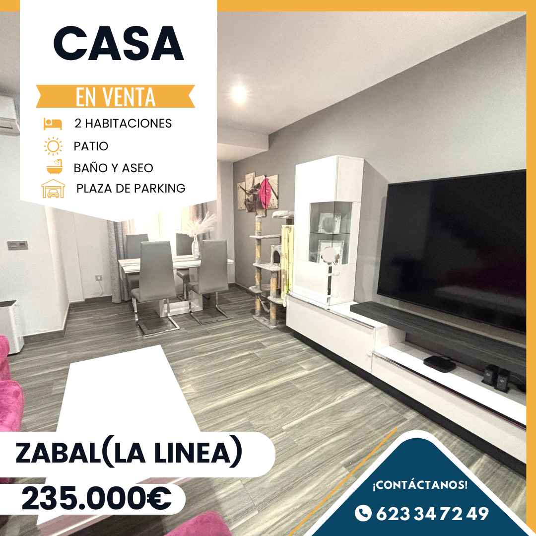 ‼️CASA ADOSADA EN EL ZABAL (LA LINEA DE LA CONCEPCIÓN)‼️ 2 dormitorios originalmente eran 3 dormitorios este actualmente está convertido en vestidor(El dormitorio principal tiene aire acondicionado y vestidor),aseo, cocina amueblada con acceso al patio, salón comedor con aire acondicionado,baño completo , patio,plaza de garaje, REFORMADA COMPLETAMENTE, VENTANAS CLIMALIT OSCILOBATIENTES........