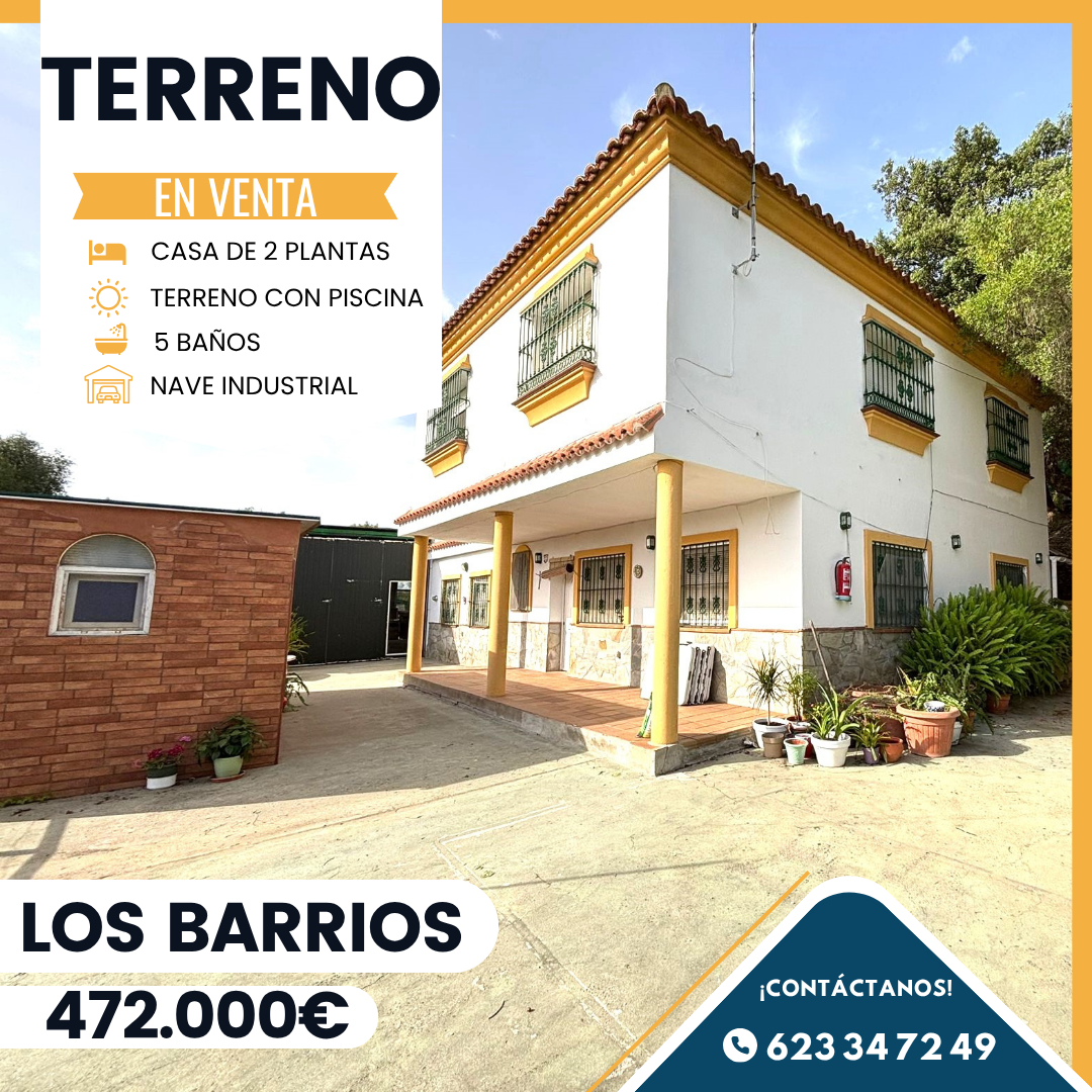 ‼️EN VENTA PARCELA CON VIVIENDA EN LOS BARRIOS‼️ La parcela cuenta con 5.000m2 , vivienda de 2 plantas(2 dormitorios dobles,2 salones,cuarto de baño con plato de ducha,cocina, planta de arriba independiente, todo diáfano con dos baños), 2 baños en exterior,zona de barbacoa,trastero,lavandería,piscina,nave industrial para celebraciones o para adaptar como garaje,VIVIENDA CON ESCRITURA,HIPOTECABLE......