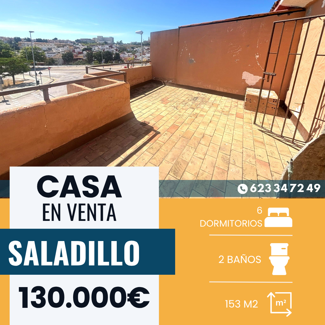 ‼️CASA ADOSADA EN VENTA EN EL SALADILLO‼️ 6 dormitorios (uno de ellos con armario empotrado, un aseo y un baño, otro en planta baja y otro abuhardillado ),porche delantero,cocina,baño completo con plato de ducha,patio,pasillo con armarios empotrados,azotea........