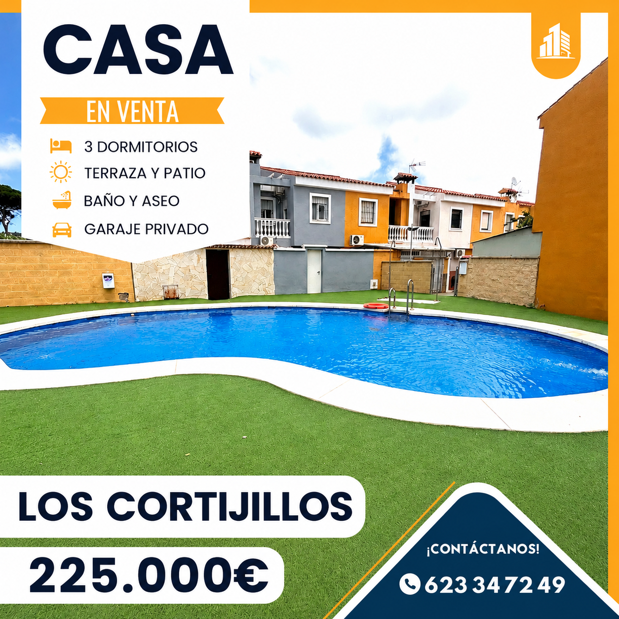 ‼️CASA ADOSADA EN LOS CORTIJILLOS (LOS BARRIOS)‼️ 3 dormitorios (el principal con aire acondicionado y terraza ),garaje en parte delantera,cocina amueblada y equipada con despensa,aseo,salón con chimenea y aire acondicionado,patio,baño completo con bañera,PISCINA COMUNITARIA,PATIO COMUNITARIO DE 300 METROS.........