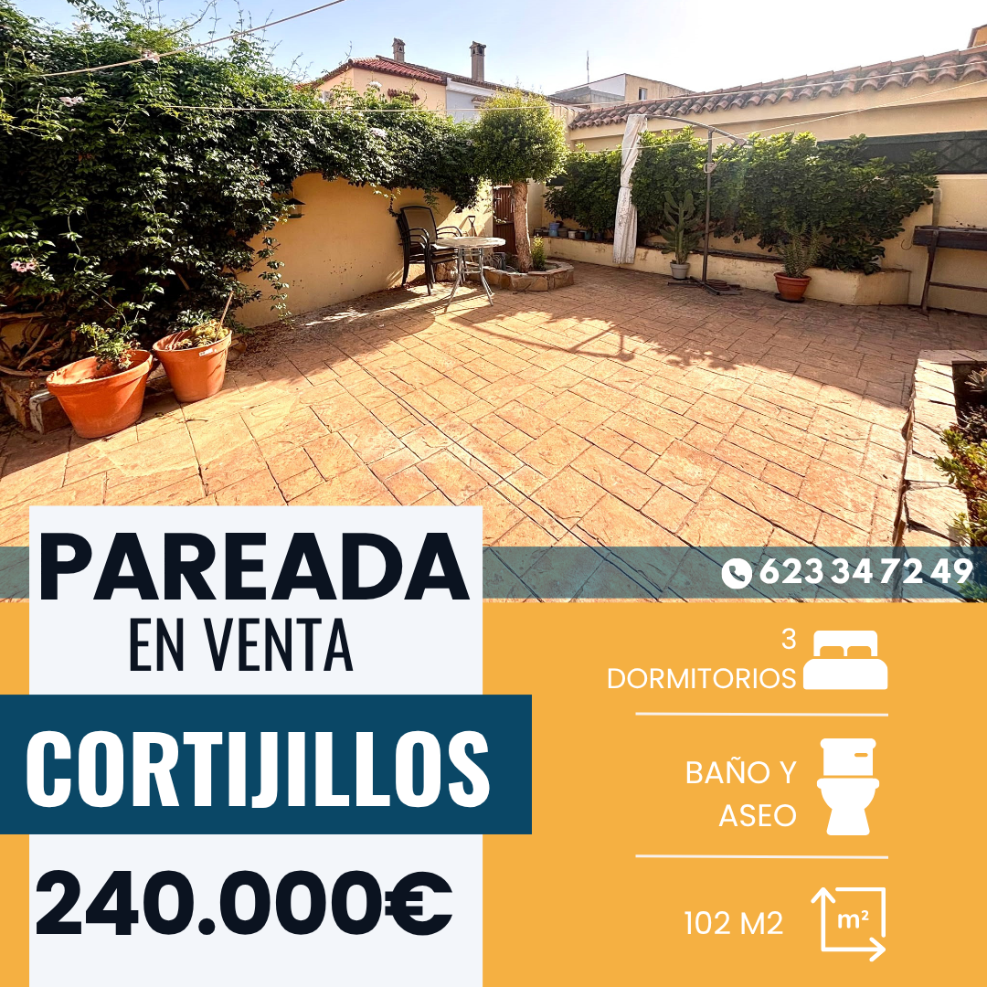 ‼️CASA PAREADA EN LOS CORTIJILLOS (LOS BARRIOS)‼️ 3 dormitorios ,dos de matrimonio y uno de vestidor (uno de ellos con terraza y ambos con aire acondicionado ),Baño completo con bañera,Gran patio delantero con capacidad para un coche con puerta de garaje y trastero,porche de entrada,cocina amueblada y equipada con despensa,aseo,salón con chimenea,patio trasero con acceso al patio comunitario,PISCINA COMUNITARIA,PATIO COMUNITARIO DE 300 METROS.........