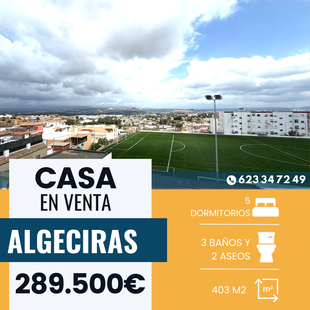‼️CASA ADOSADA EN VENTA EN ALGECIRAS‼️ PLANTA BAJA: Aparcamiento de 185m2 actualmente distribuido en varias estancias: garaje,gran salón,bar,habitación,cocina,baño,aseo.PRIMERA PLANTA:3 dormitorios (uno de ellos con vestidor y salida al patio ),baño completo con bañera,cocina,salón con armario empotrado y acceso a la terraza,comedor con amplio ojo patio.SEGUNDA PLANTA:2 dormitorios,lavadero,cocina con acceso a amplia terraza,salón comedor,baño completo con plato de ducha,MONTE CARGA QUE VA DESDE LA PLANTA BAJA A LA SEGUNDA PLANTA,CUMPLE CON LAS NORMATIVAS PARA PODER PONER UN ASCENSOR.OPORTUNIDAD DE INVERSIÓN,2 VIVIENDAS INDEPENDIENTES.....